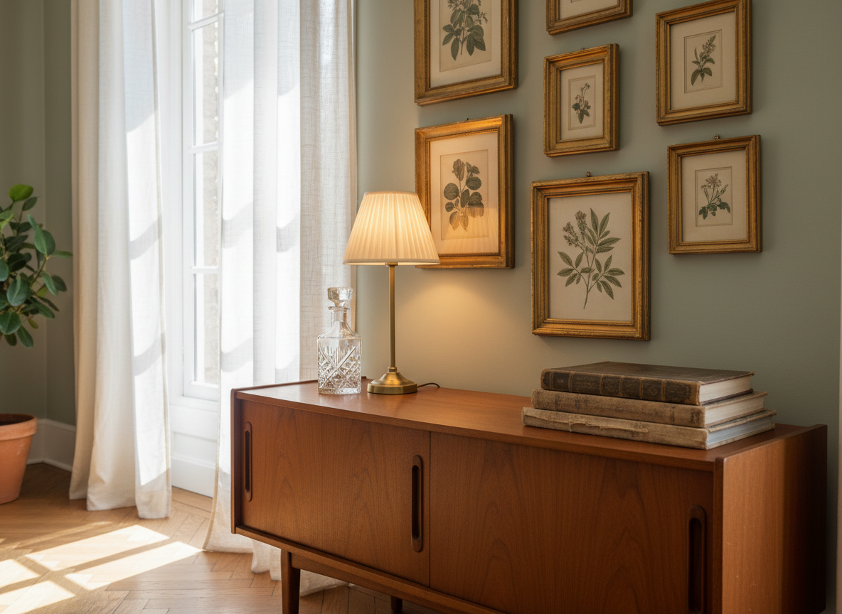 A meticulously styled vintage-inspired living room corner featuring an elegant mid-century teak sideboard topped with a crystal-cut decanter, a stack of well-worn hardback design books, and a petite brass table lamp with a pleated silk shade. Behind, a muted sage green wall displays a curated gallery of ornate gold frames with botanical prints. Soft afternoon light filters through sheer ivory curtains, casting delicate shadows on the herringbone wood floor. Photographic realism, eye-level composition with a slightly angled view, shallow depth of field softly blurring the background. The mood is sophisticated yet inviting, evoking a sense of timeless curation and slow, considered collecting in a stylish home decor setting.