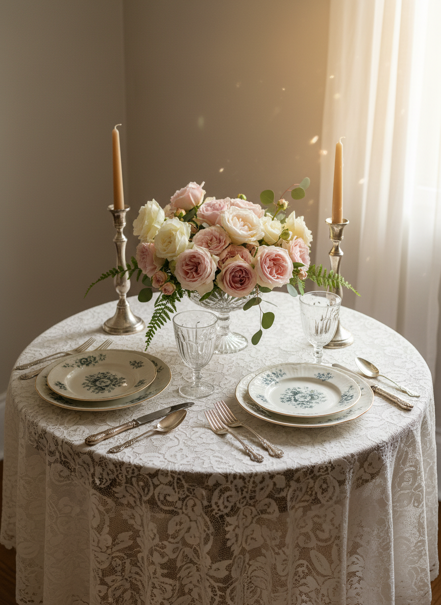 An intimate dining table setting styled with vintage refinement: a small round wooden table with a softly worn finish, layered with a crisp white linen tablecloth and a sheer lace topper. At the center, a low footed crystal bowl brimming with pale garden roses and trailing greenery sits beside a pair of silver-plated candlesticks. Each place setting features scalloped-edge porcelain plates with a faded floral pattern, mismatched antique silverware, and etched glass goblets. Late afternoon light streams in from the right, catching the glass and silver, creating subtle glints. Photographic realism, shot from a slightly elevated angle to reveal the full styling. The mood is romantic, nostalgic, and quietly luxurious, ideal for illustrating vintage-inspired entertaining and home decor.
