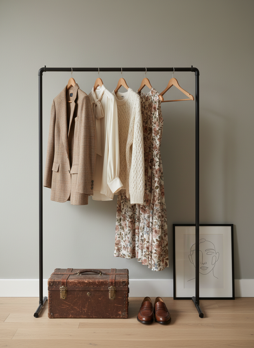 A carefully arranged clothing rack scene featuring a row of vintage-inspired garments on slim wooden hangers: a tailored tweed blazer in soft camel, a silk blouse with a delicate bow collar, a cream cable-knit sweater, and a flowing midi skirt in muted floral print. Below, a vintage leather trunk sits beside a pair of polished brown loafers. The rack stands against a soft greige wall, with a simple framed line drawing resting on the floor, leaning casually. Diffused natural light from a nearby window creates gentle, even illumination with subtle shadows. Photographic realism, straight-on composition with moderate depth of field to keep all pieces in focus. The atmosphere feels curated, elevated, and editorial, highlighting timeless wardrobe staples for a sophisticated vintage fashion blog.